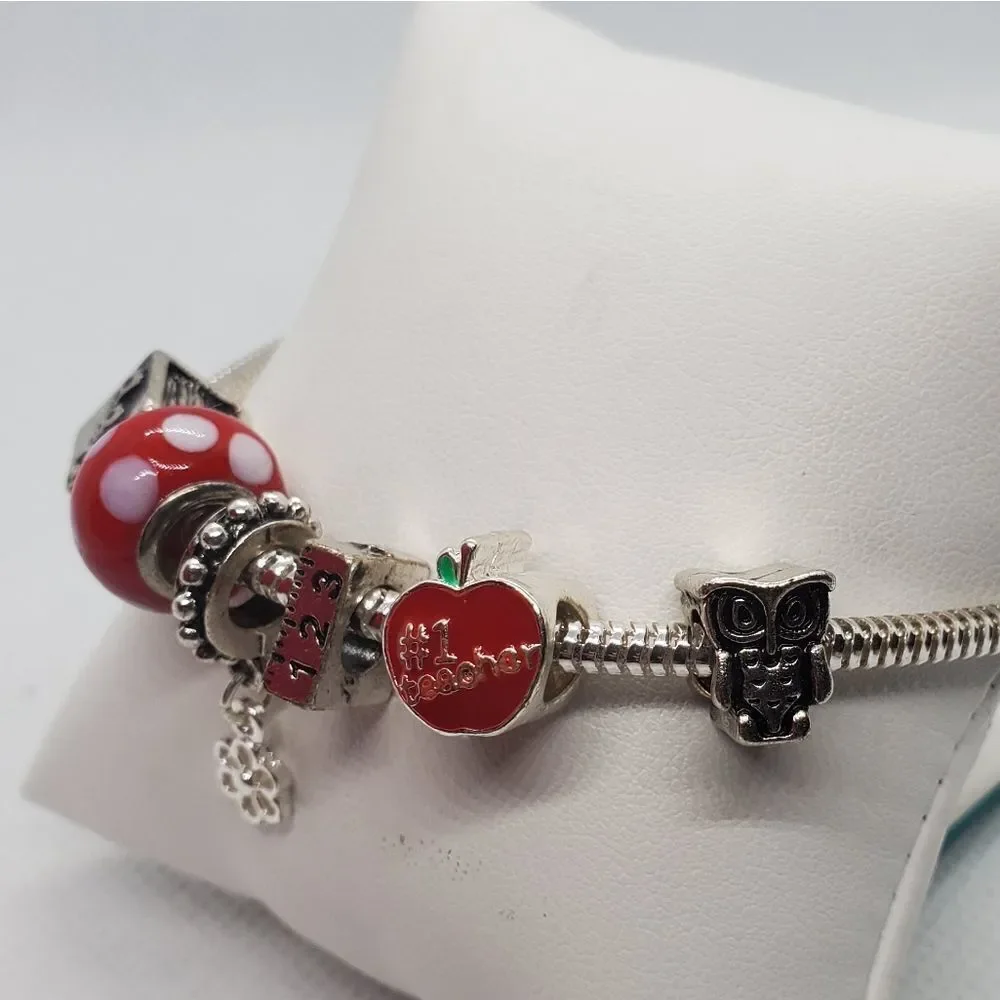 Silver Tone & Red Teacher European Charm Bracelet